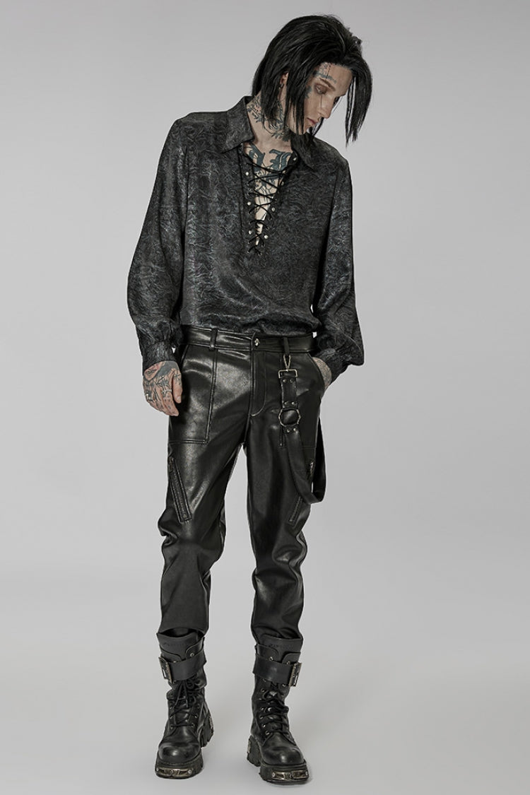 Black Faux Leather Detachable Metal Side Straps Men's Steampunk Pants