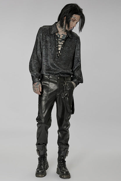 Black Faux Leather Detachable Metal Side Straps Men's Steampunk Pants