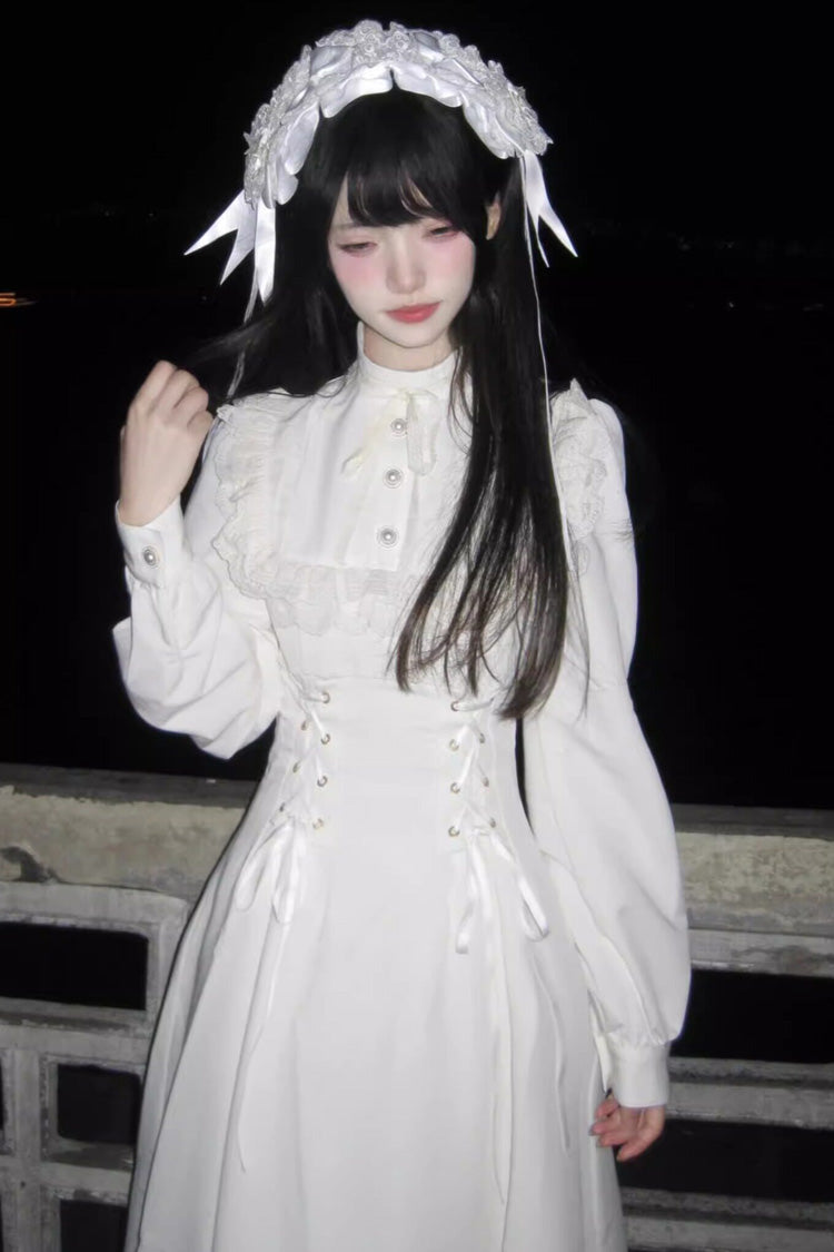 Apricot Stand Collar Long Sleeves Ruffled Lace-Up Mid-length Gothic Lolita Dress