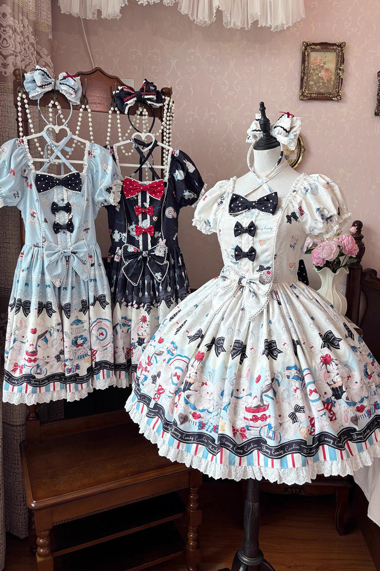 Beige [Mystery Rabbit Tea Party] Square Collar Short Sleeves Print Ruffle Bowknot Lace Sweet Lolita Dress