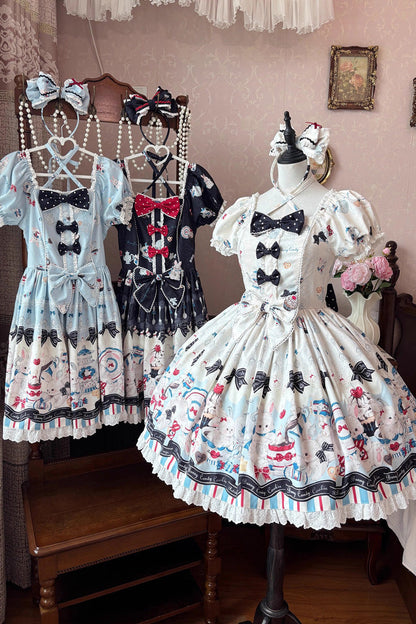 Beige [Mystery Rabbit Tea Party] Square Collar Short Sleeves Print Ruffle Bowknot Lace Sweet Lolita Dress