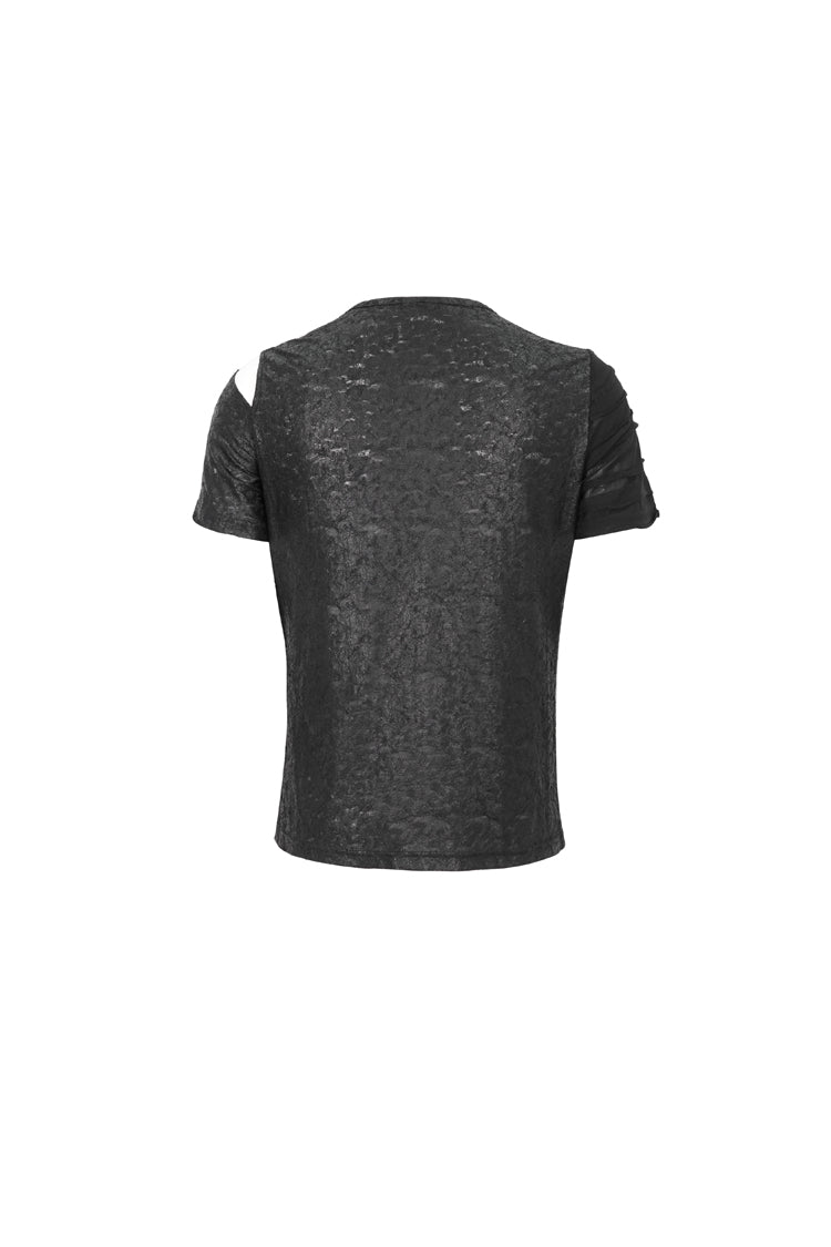 Black Left Off Shoulder Chest Zipper Embellished Men's Punk Short Sleeve