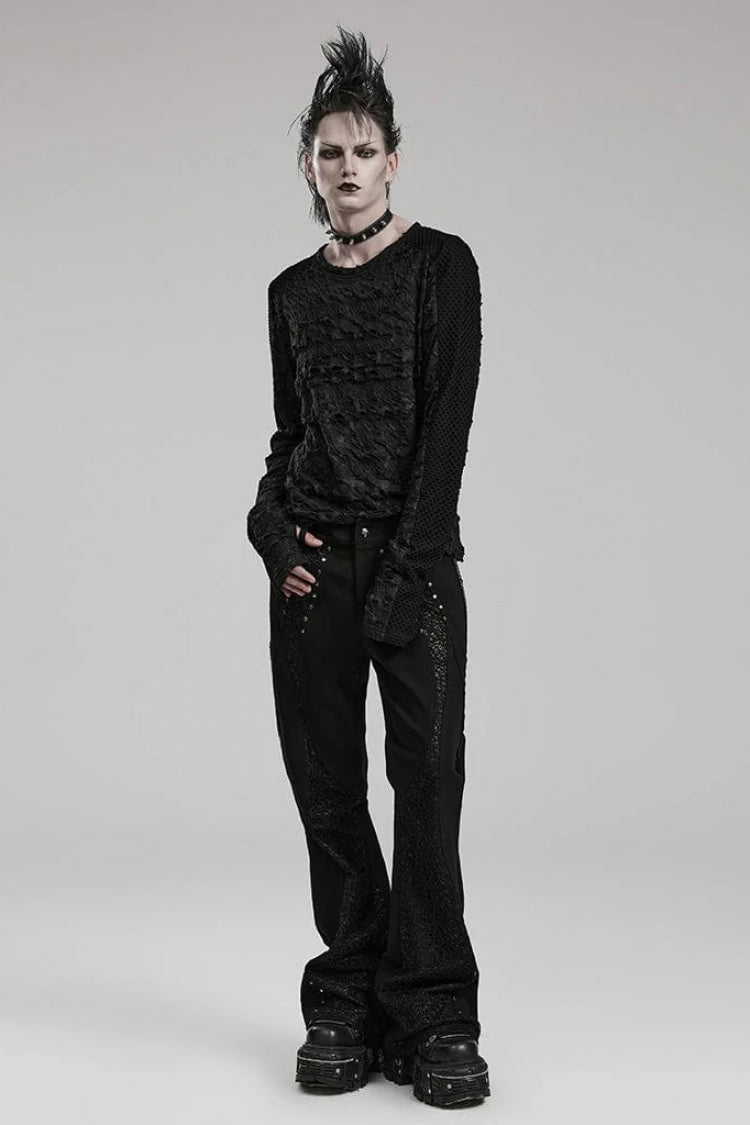 Black Long Sleeves Ripped Print Stitching Mens Gothic T-Shirt