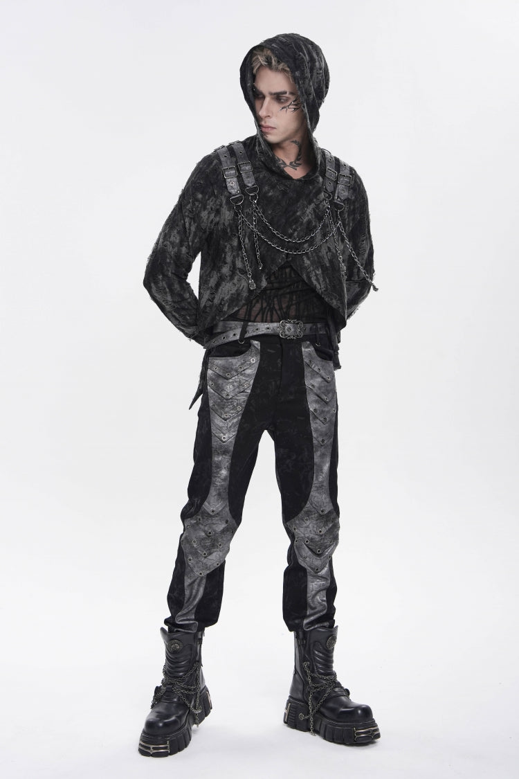 Black Long Sleeves Spliced Hooded Mesh Ripped Faux Two-Piece Zippered Eyelet Men's Punk T-Shirt