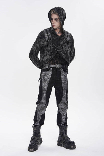 Black Long Sleeves Spliced Hooded Mesh Ripped Faux Two-Piece Zippered Eyelet Men's Punk T-Shirt