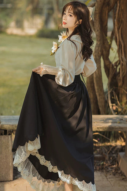 Black Lapel Collar Long Sleeves High Waisted Lace-Up Wave Hem Classic Lolita Two-Piece Skirt Set
