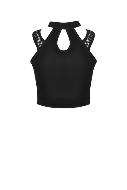 Black Halterneck Spliced Mesh Strappy Buckle Eyelet Harness Women's Punk Midriff-Baring Tank Top