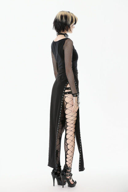 Black Mesh Spliced Long Sleeves Buckled Strap Eyelet Women's Punk Top