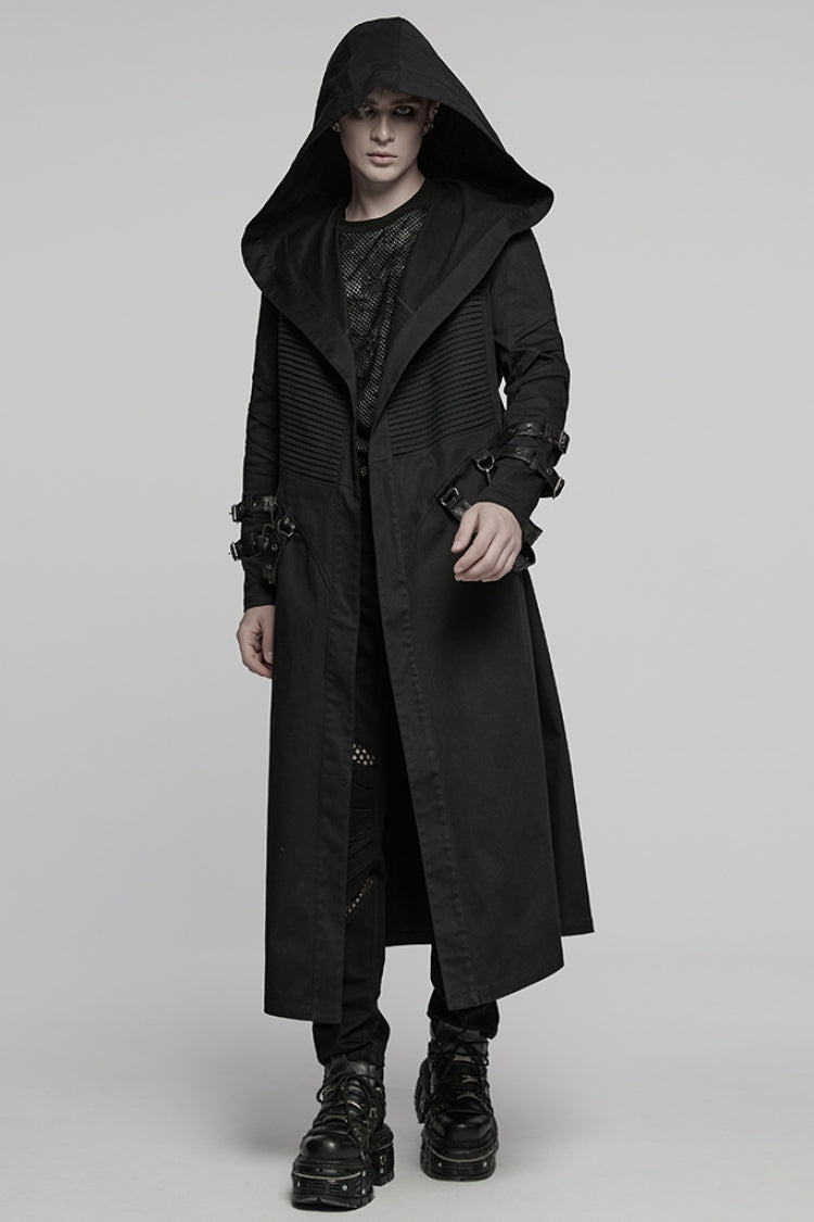 Black Lapel Collar Long Sleeves Hooded Pleated Men's Punk Coat with Buckle Strap