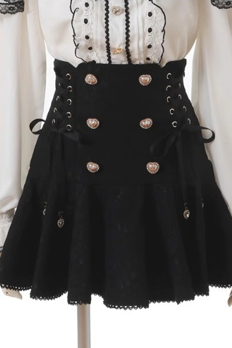 Black Japanese Bowknot Double Breasted  Lace-Up Sweet Jirai Kei Skirt
