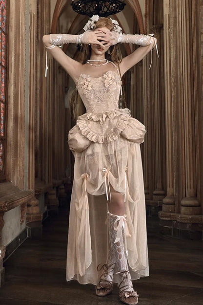 Apricot V Collar Sleeveless High Waisted Ruffle Embroidery Lace Fishbone Gothic Lolita Corset Skirt Set