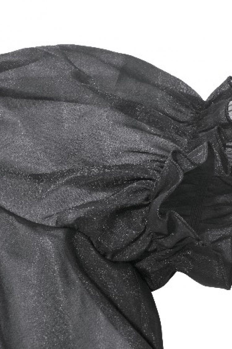 Black Deep V Collar Short Puff Sleeves Multi-Layered Ruffled Lace Sheer Women's Gothic Blouse