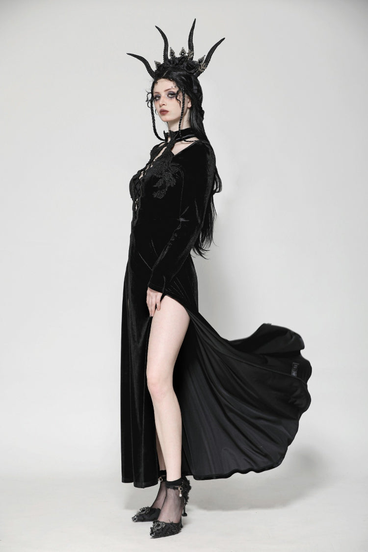 Black Long Sleeves Cut-Out Lace-Up Women's Gothic Side Slit Velvet Party Dress Wedding Dress