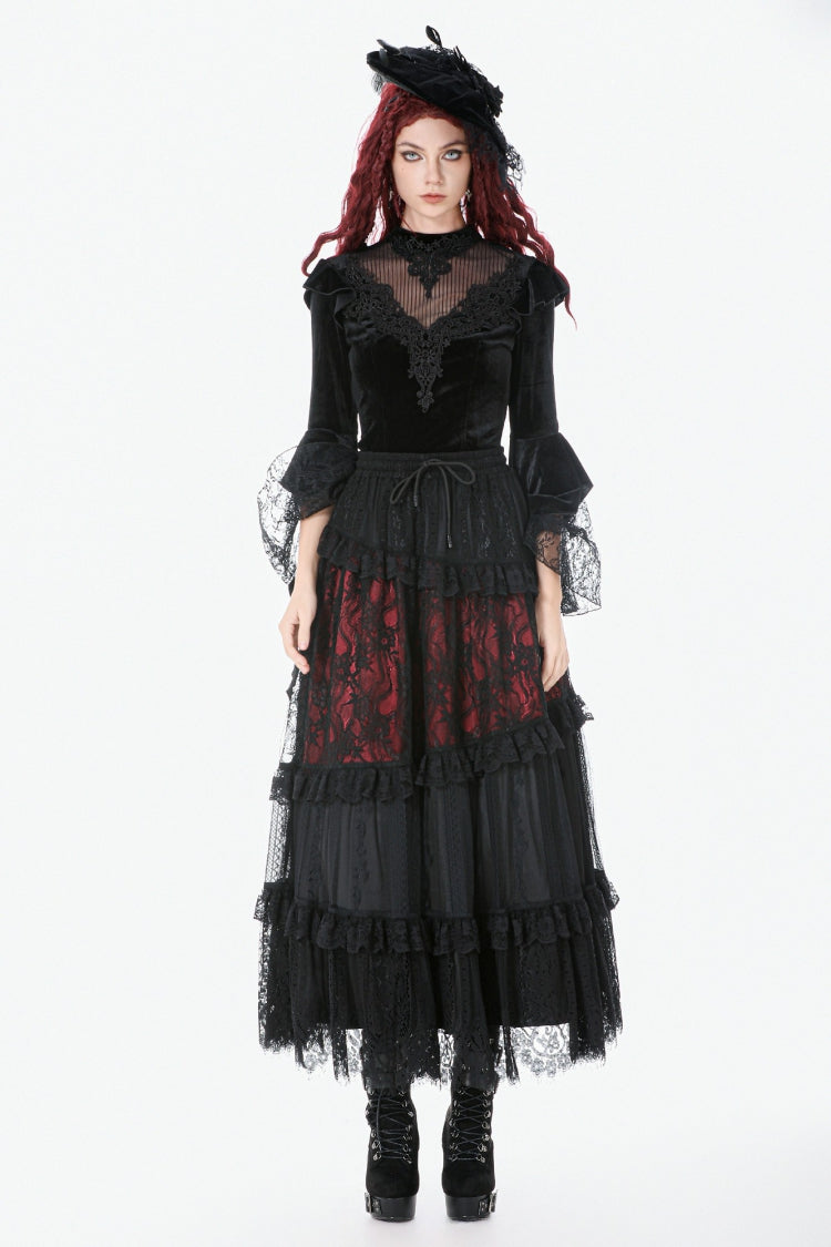 Black Multi-Layered Long Flare Sleeves Embroidered Sheer Mesh Splice Velvet Women's Gothic Top