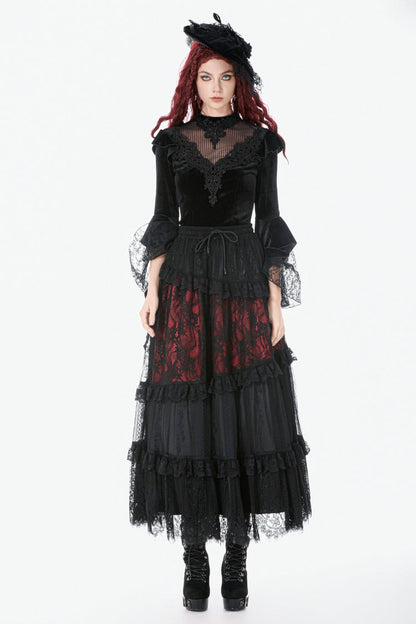 Black Multi-Layered Long Flare Sleeves Embroidered Sheer Mesh Splice Velvet Women's Gothic Top