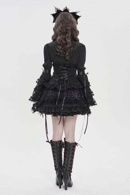 Black Lapel Collar Long Trumpet Sleeves Lace Lace-Up Women's Gothic Blouse
