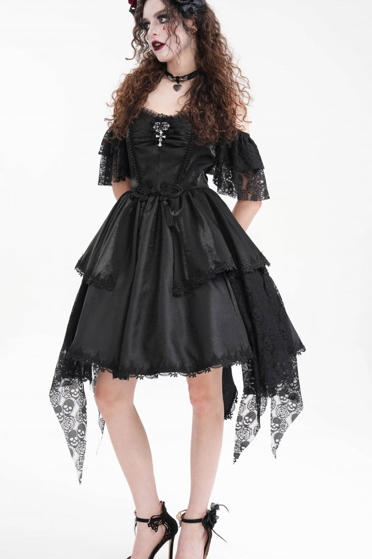 Black Halterneck Lace Lace-Up Irregular Hem Women's Gothic Dress