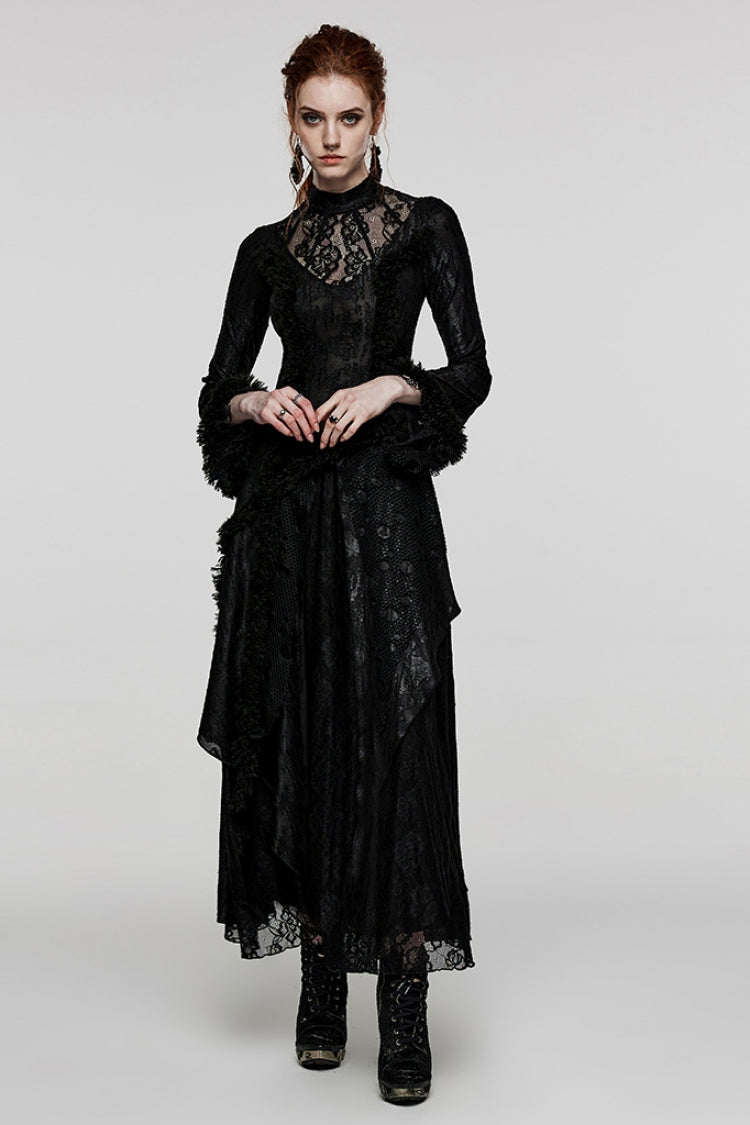 Black Long Trumpet Sleeves Hollow Stitching Lace Mesh Women's Gothic Dress