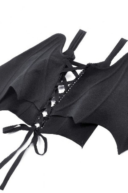 Black Lace-Up Buttons Back Bat Wings Women's Gothic Vest