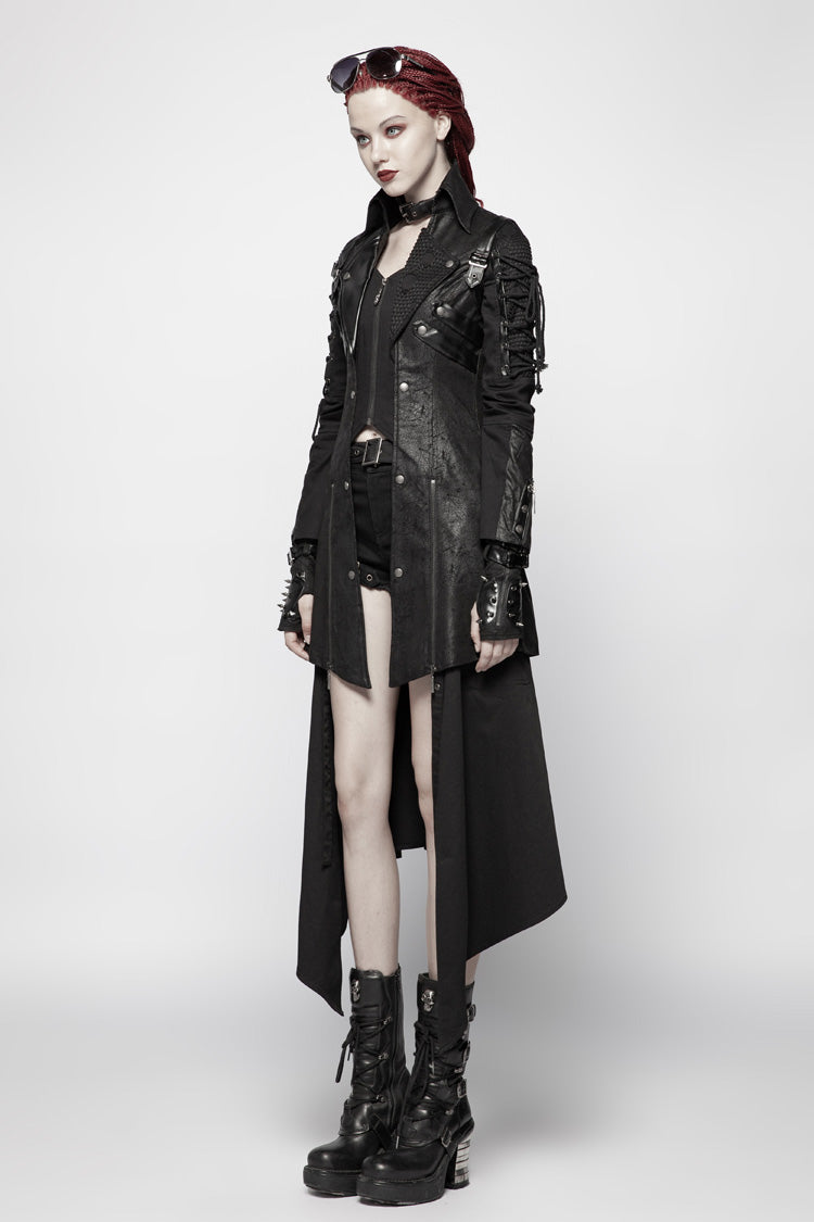 Black Metal Buckle Decoration Zipper Womens Steampunk Windbreaker Coat