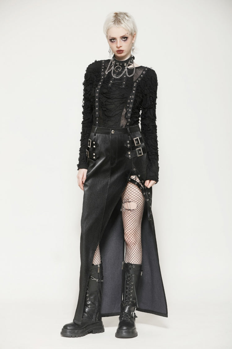 Black Leather Women's Punk Buckled Side Slit Irregular Hem Skirt