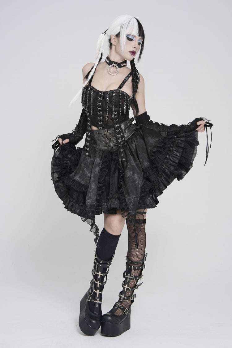 Black Off Shoulder Lace Lace-Up Slim Mesh Strappy Chain-Decorated Eyelet Women's Punk Corset