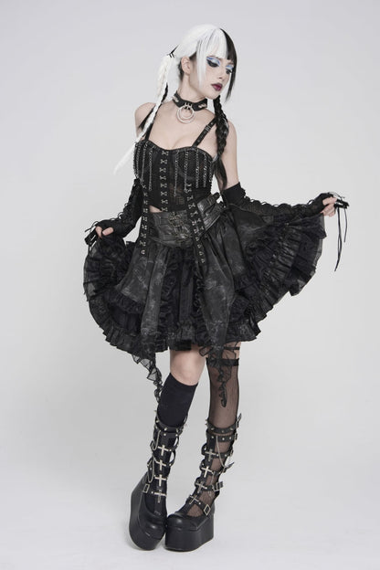 Black Off Shoulder Lace Lace-Up Slim Mesh Strappy Chain-Decorated Eyelet Women's Punk Corset