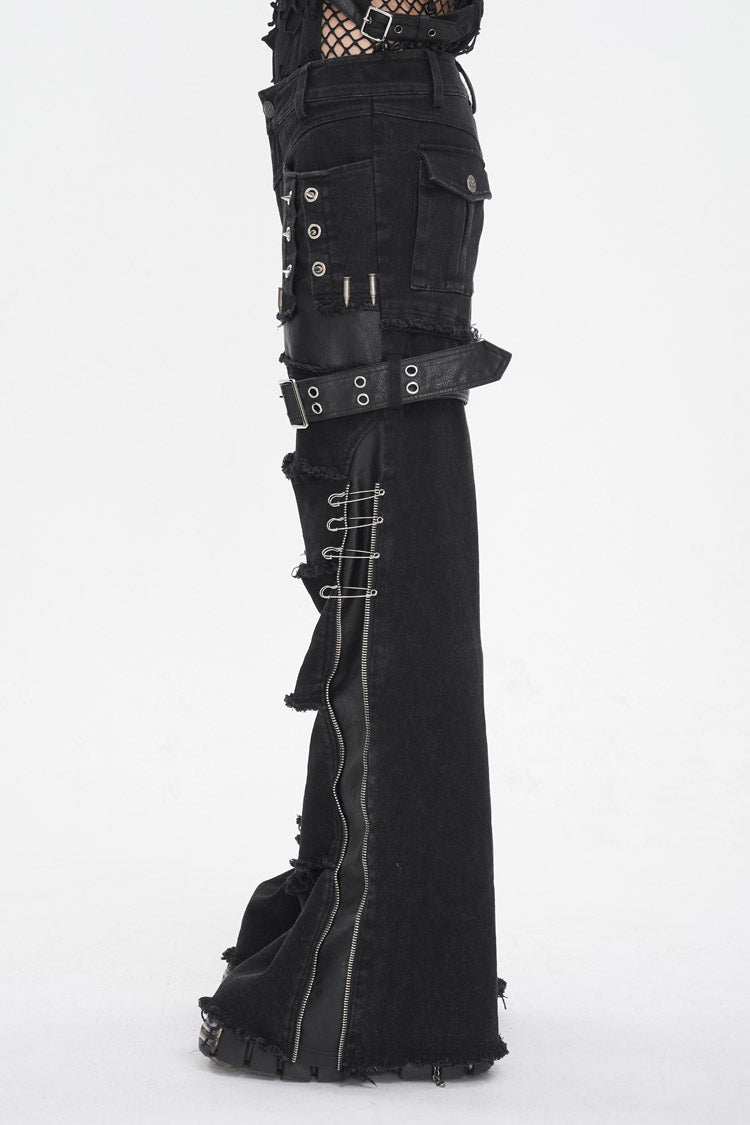 Black Faux Leather Splice Men's Punk Flared Pants