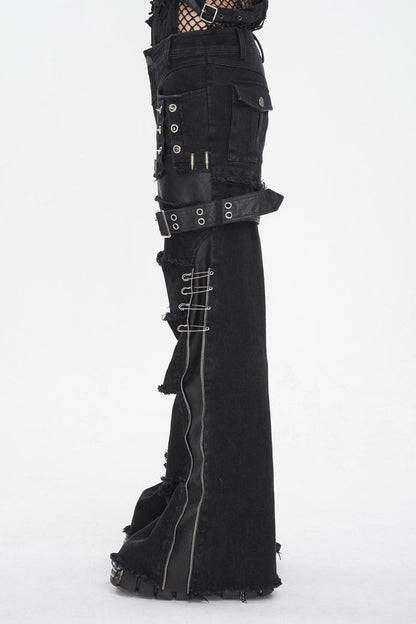 Black Faux Leather Splice Men's Punk Flared Pants