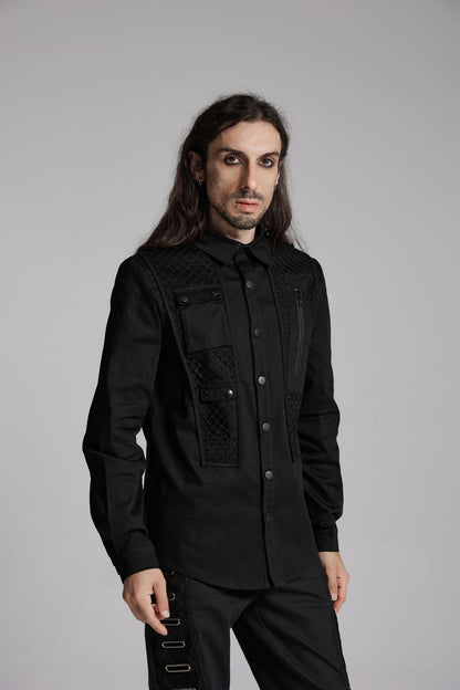 Black Lapel Collar Long Sleeves Zip Mesh Pocket Men's Punk Blouse