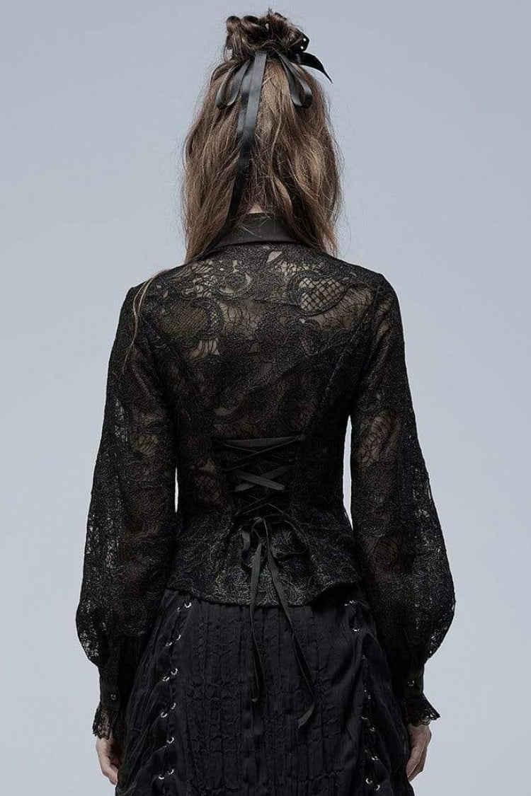 Black Lapel Collar Long Puff Sleeves Hollow Embroidery Womens Gothic Blouse