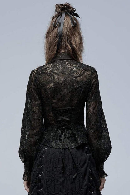 Black Lapel Collar Long Puff Sleeves Hollow Embroidery Womens Gothic Blouse