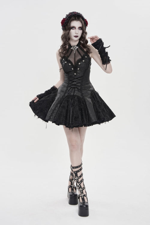 Black Off Shoulder Sleeveless Printed Spliced Lace Lace-Up Pleated Women's Gothic Dress