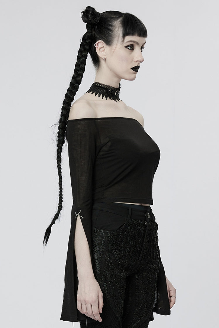 Black Off Shoulder Long Sleeves Metal Chain Women's Gothic T-Shirt