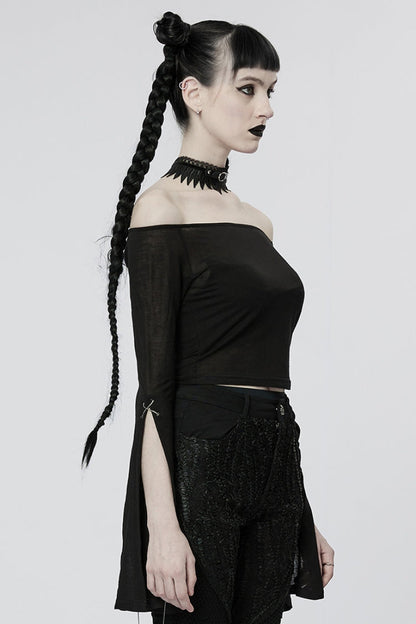 Black Off Shoulder Long Sleeves Metal Chain Women's Gothic T-Shirt