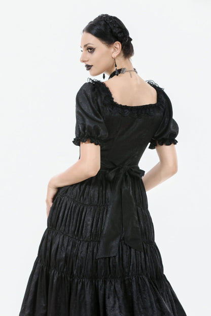 Black Lace Square Collar Short Puff Sleeves Lace-Up Ruched Women's Gothic Wedding Dress