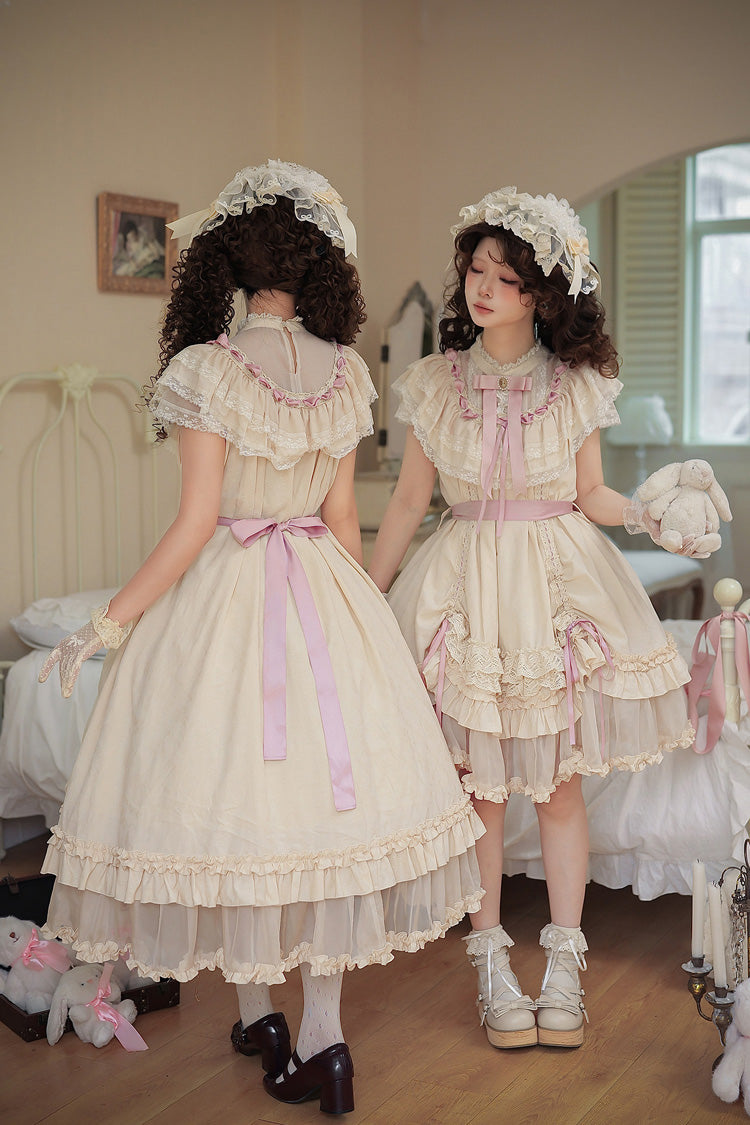 Apricot [Lily's Dream] Stand Collar Short Sleeves Loose-Fit Doll-Like Multi-Layered Ruffled Bow Lace Sweet Lolita Dress 2 Versions