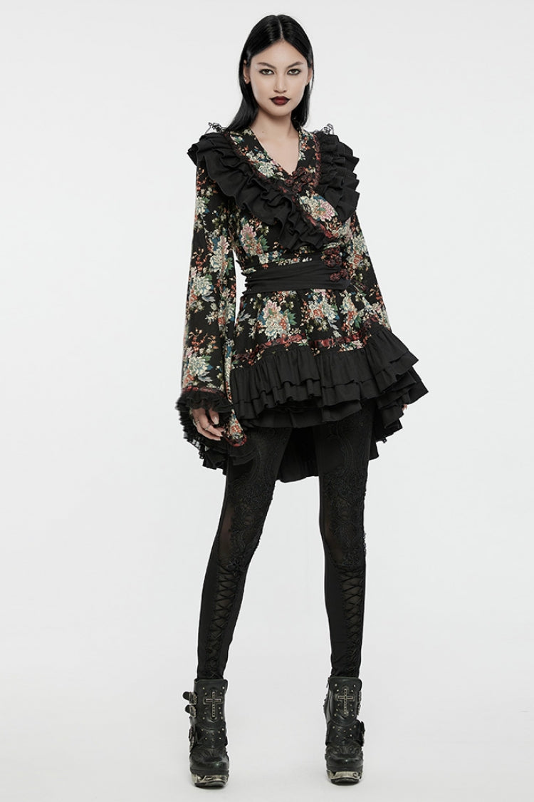 Black Long Sleeves Floral Print Ruffle Women's Gothic Lolita Kimono Dress Set