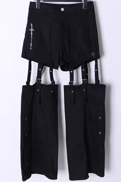 Black Gothic Jirai Kei Japanese Detachable Leg Shorts Set