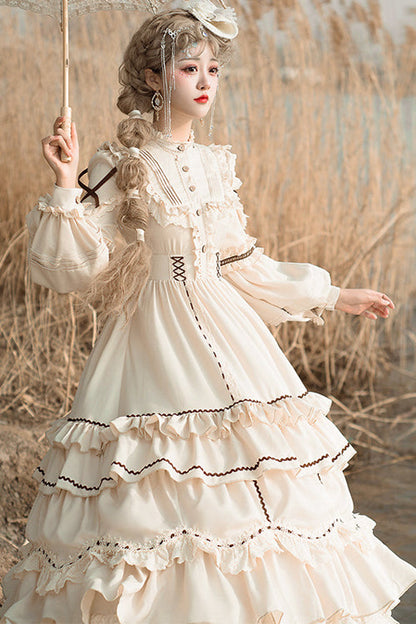 Beige Lantern Sleeves Multi-Layer Ruffled Removable Sweet Lolita OP Tiered Dress