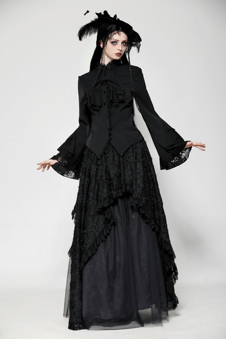 Black Lace Stand Collar Multi-Layered Ruffled Long Flared Sleeves Women's Gothic Blouse