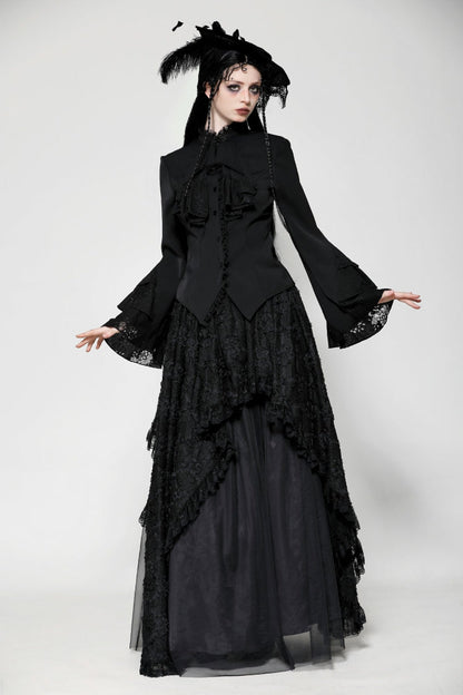 Black Lace Stand Collar Multi-Layered Ruffled Long Flared Sleeves Women's Gothic Blouse