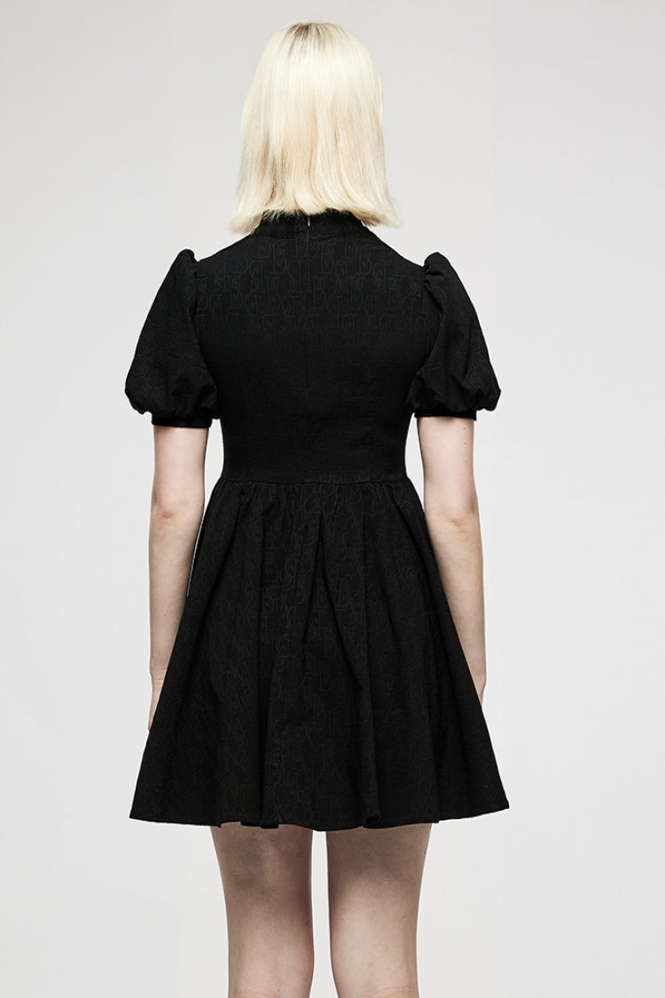 Black Halterneck Puff Sleeves Jacquard Women's Punk Dress