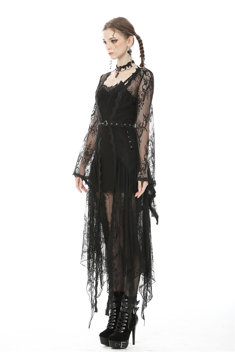 Black Long Trumpet Sleeves Sheer Floral Lace Women's Gothic Maxi Cloak with Belts
