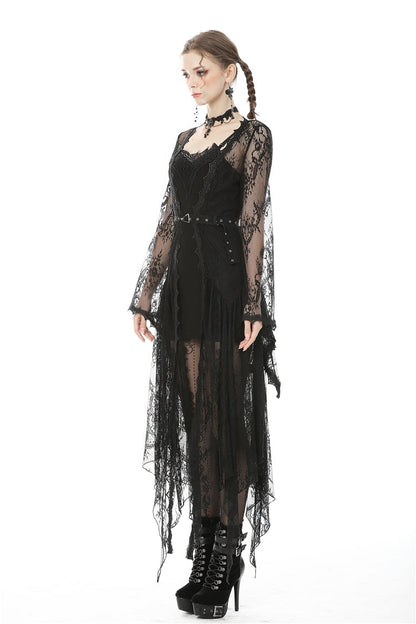 Black Long Trumpet Sleeves Sheer Floral Lace Women's Gothic Maxi Cloak with Belts