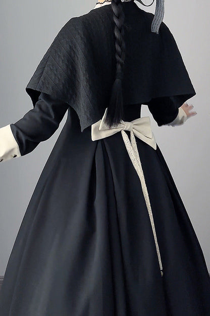 Black Nun Style Stand Collar Long Sleeves Ruffle Bowknot Gothic Elegant Lolita Dress