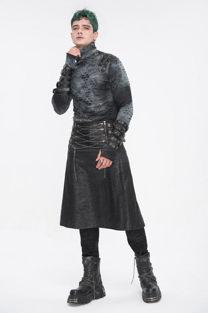 Black Print Chain Multi Buckle Men's Gothic Skirt