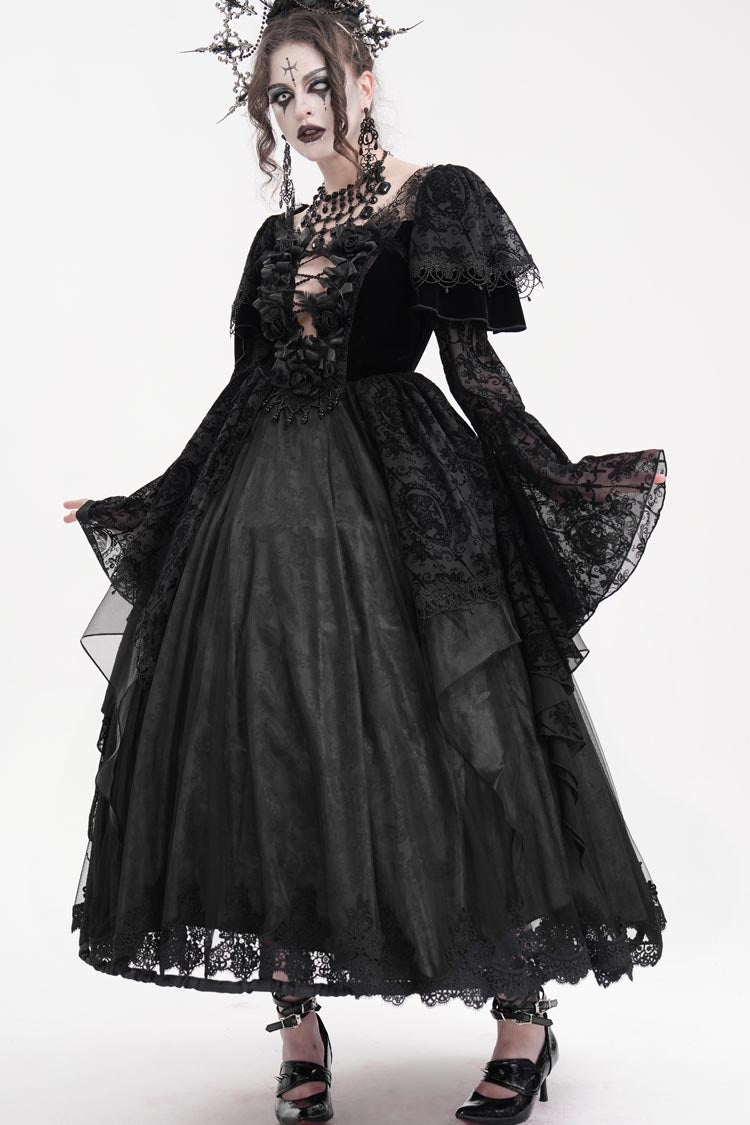 Black Crochet Long Sleeves Hanayome Lace Women's Gothic Dress