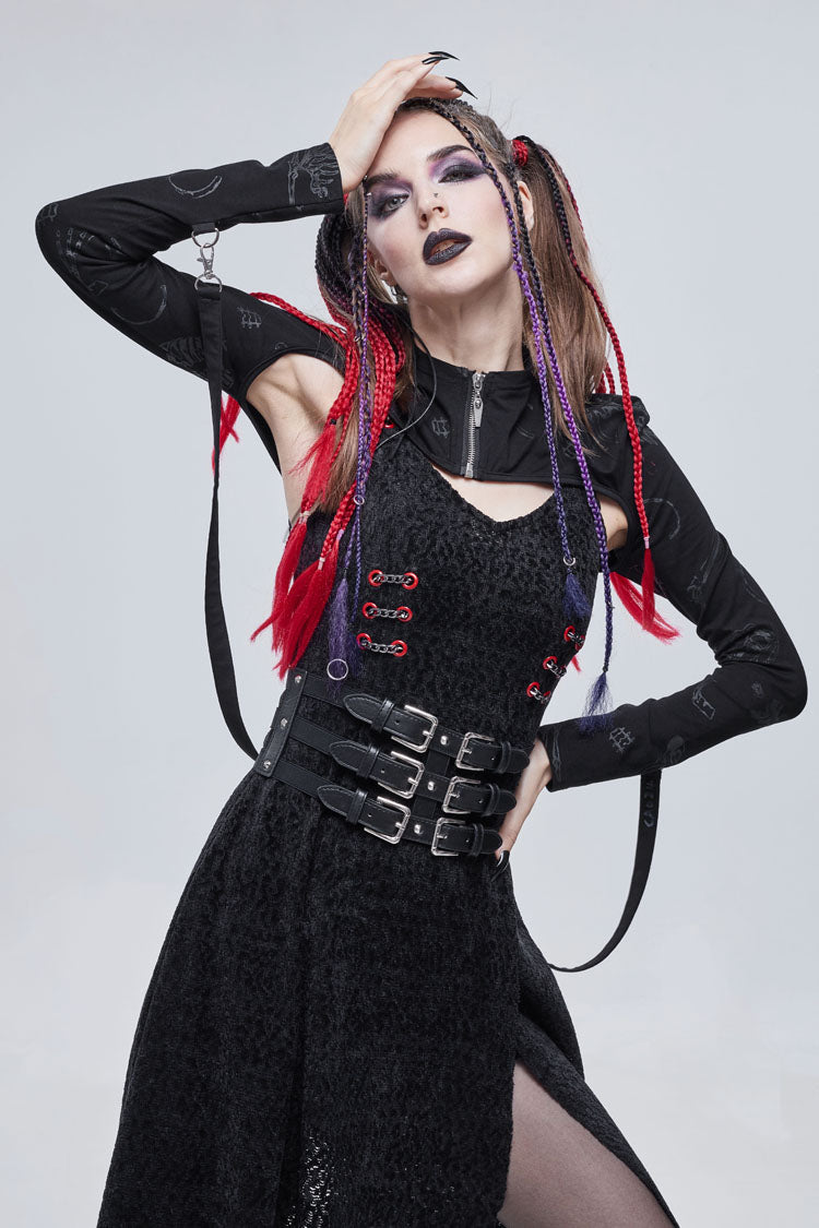 Black Bone Printed Strappy Zipper Women's Gothic Cape