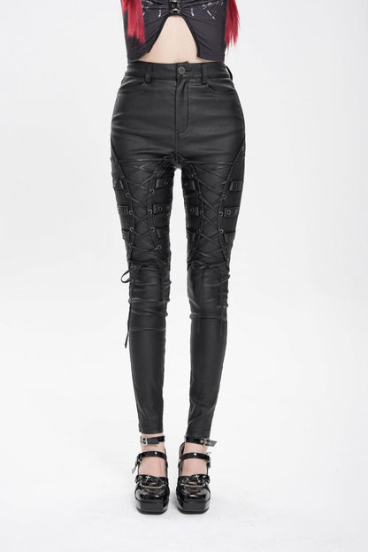 Black Lace-Up Eyelet Straps Women's Punk Pants